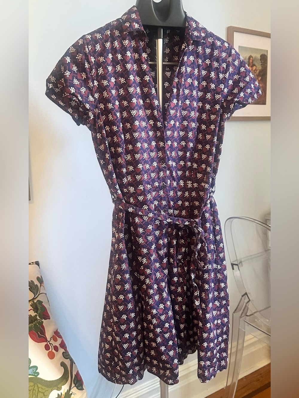 Brooks Brothers Navy Shirt dress with White Floral and Red Lattice Print 10